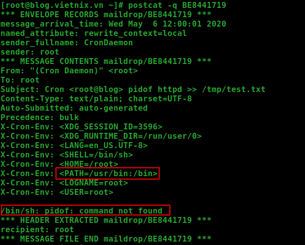 Kết quả kiểm tra mail của user root